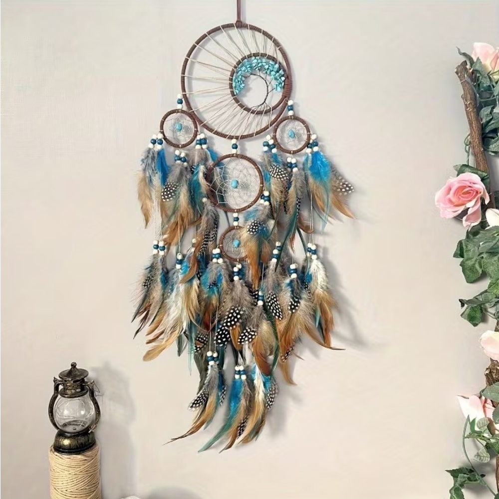 Large Boho Dreamcatcher Wall Hanging - Turquoise & Feather Decor - Picture 7 of 9